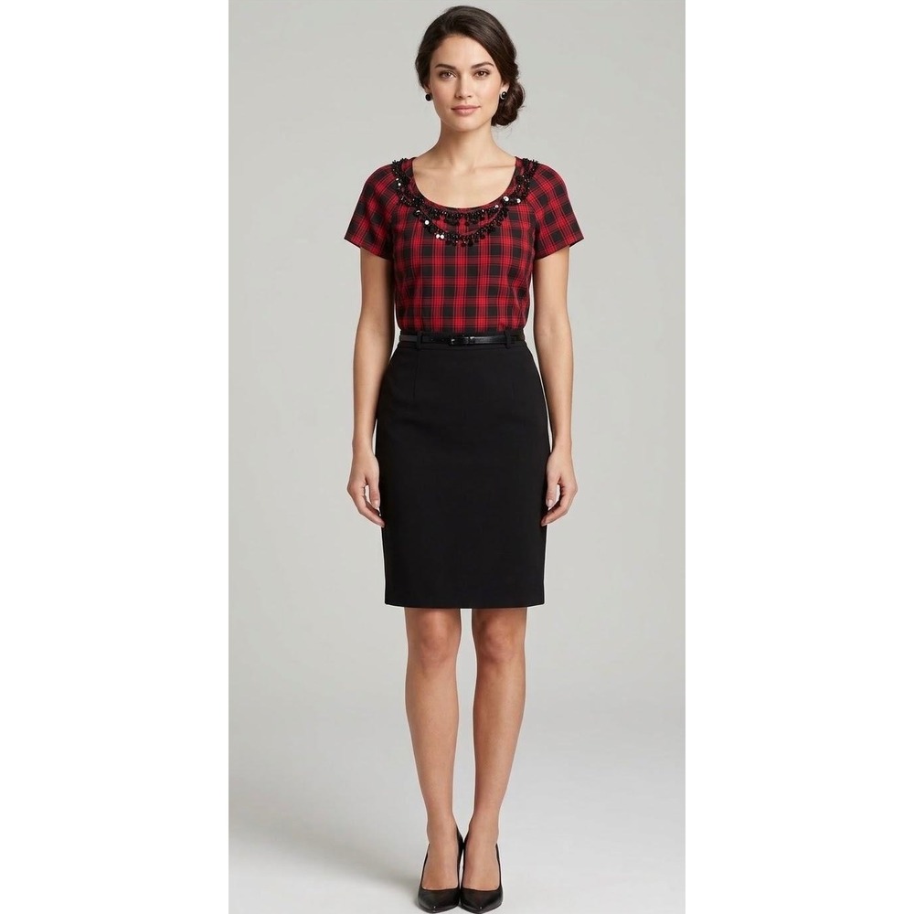 J.Crew Womens Silk Blouse Size 6 Red Black Plaid 100% Silk Beaded Neckline Top
